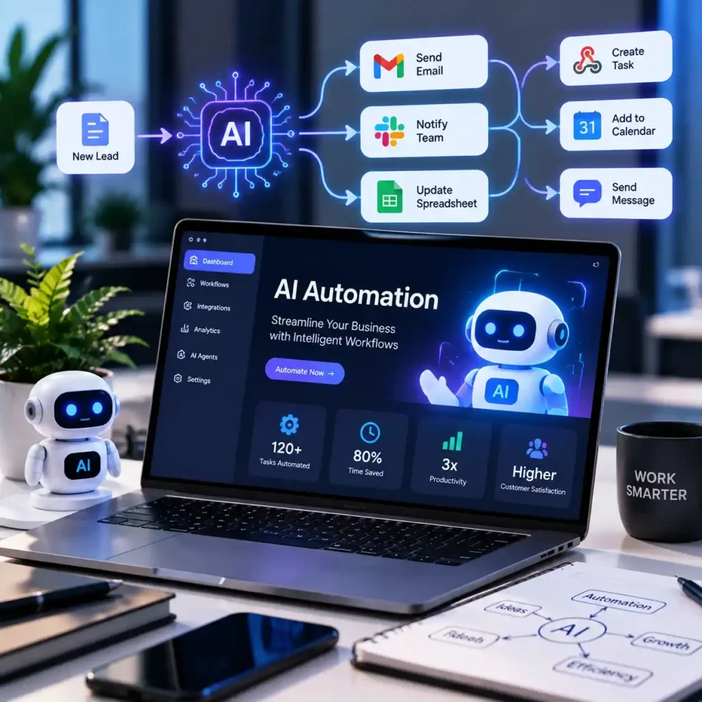 AI automation dashboard showing intelligent workflows, task automation and business process optimization