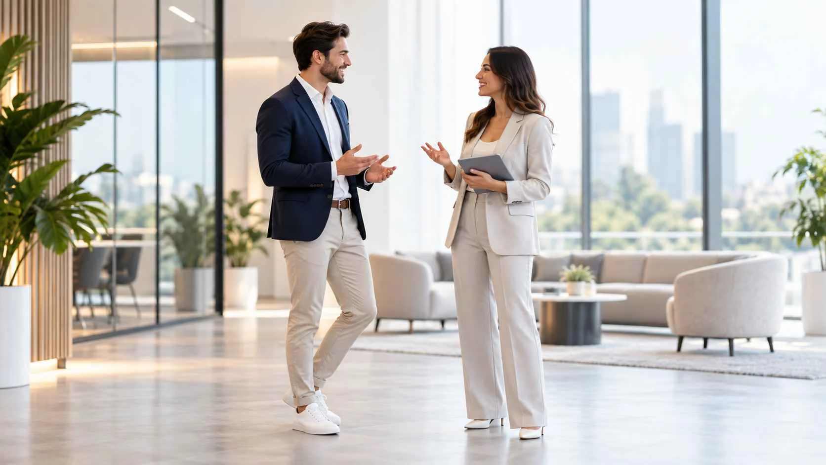 Two business professionals discussing digital marketing and IT solutions in a modern office
