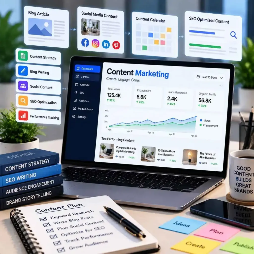Content marketing dashboard showing content strategy, SEO writing, blog planning, and audience engagement analytics