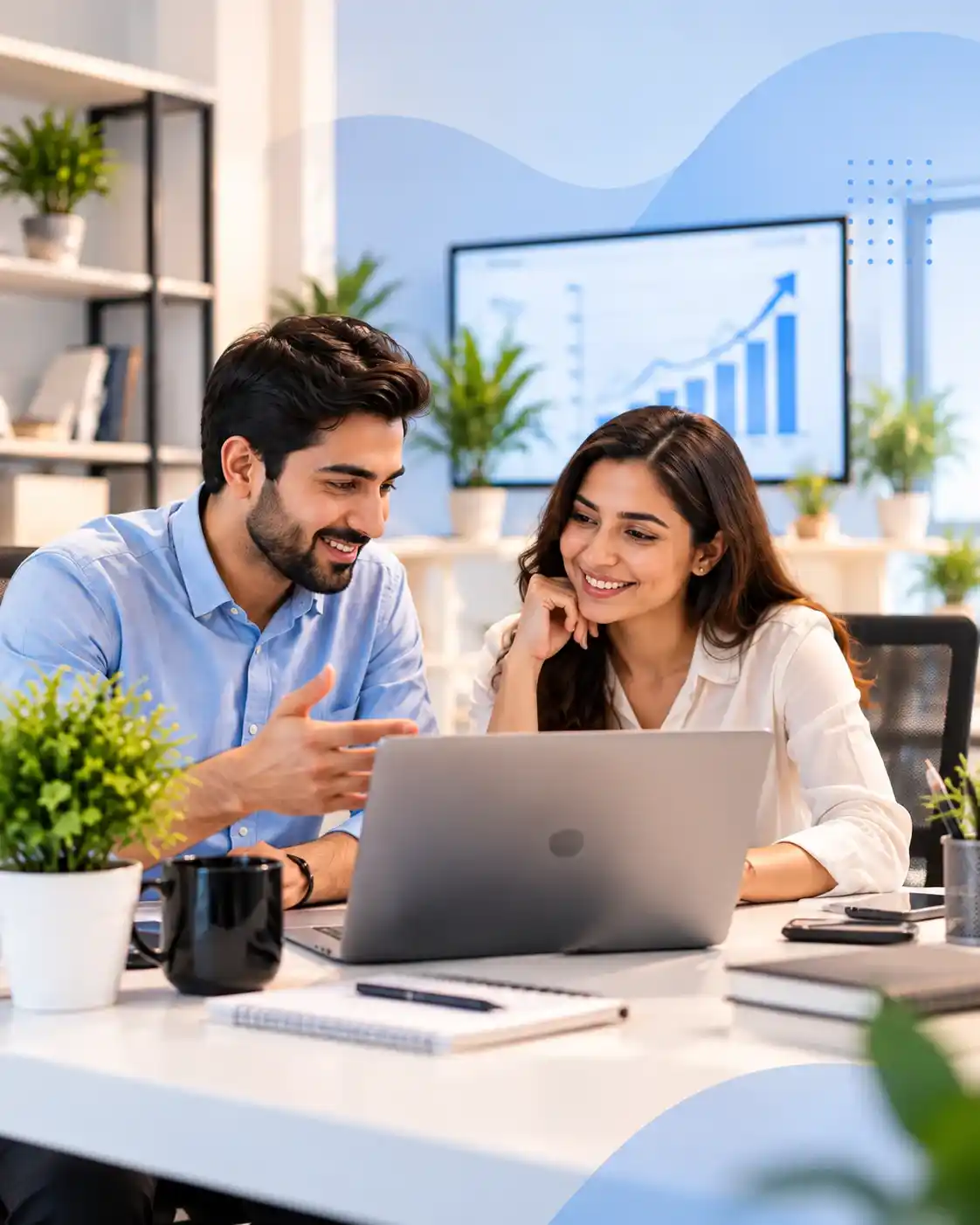 Digital marketing team analyzing business growth strategy with laptop and analytics dashboard
