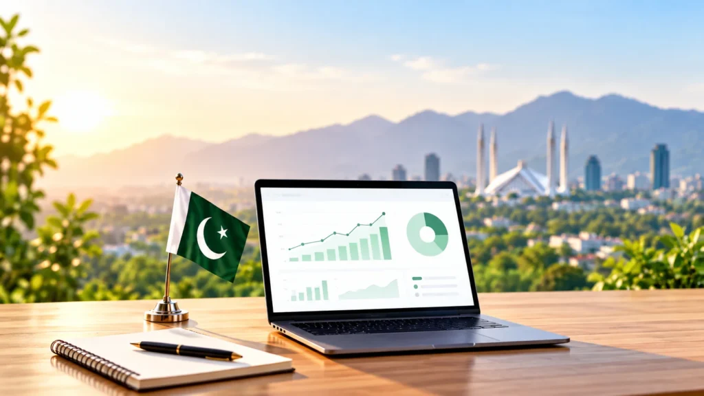 Digital marketing checklist concept for Pakistani startups showing laptop analytics, business growth strategy, and online marketing planning