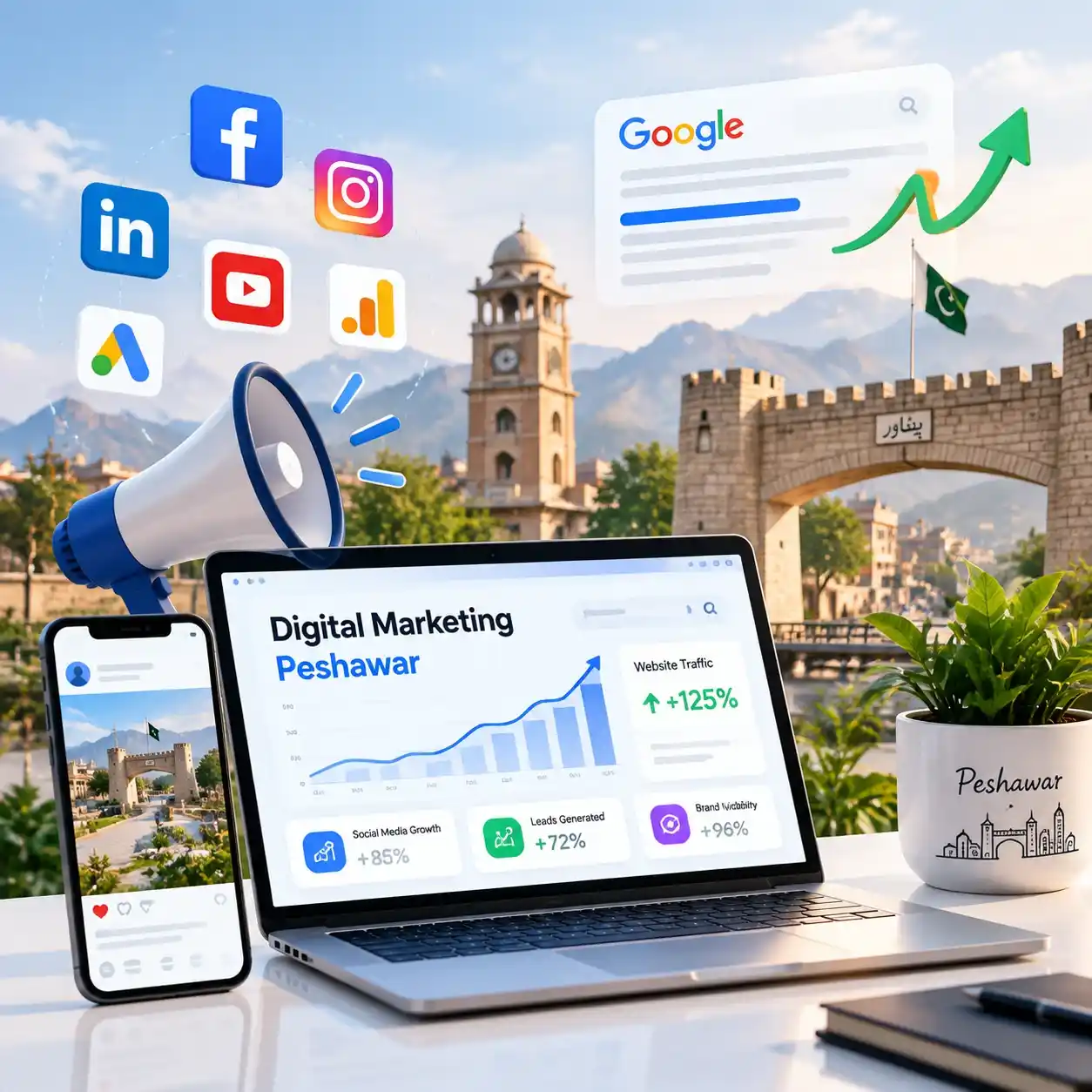 Digital marketing services in Peshawar showing social media marketing, analytics, SEO growth and online advertising strategies