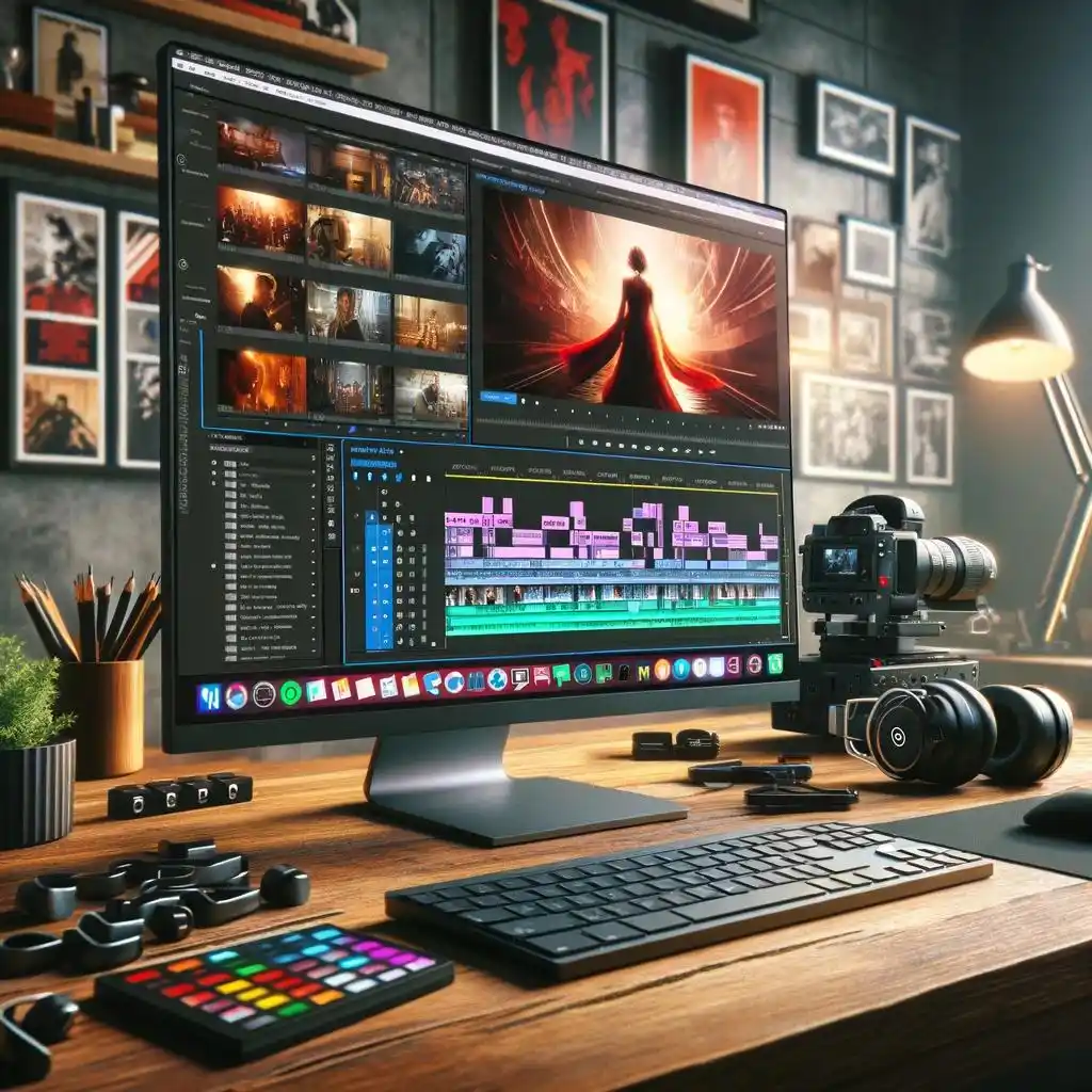 Graphic design and video editing workspace featuring creative design software and video production tools
