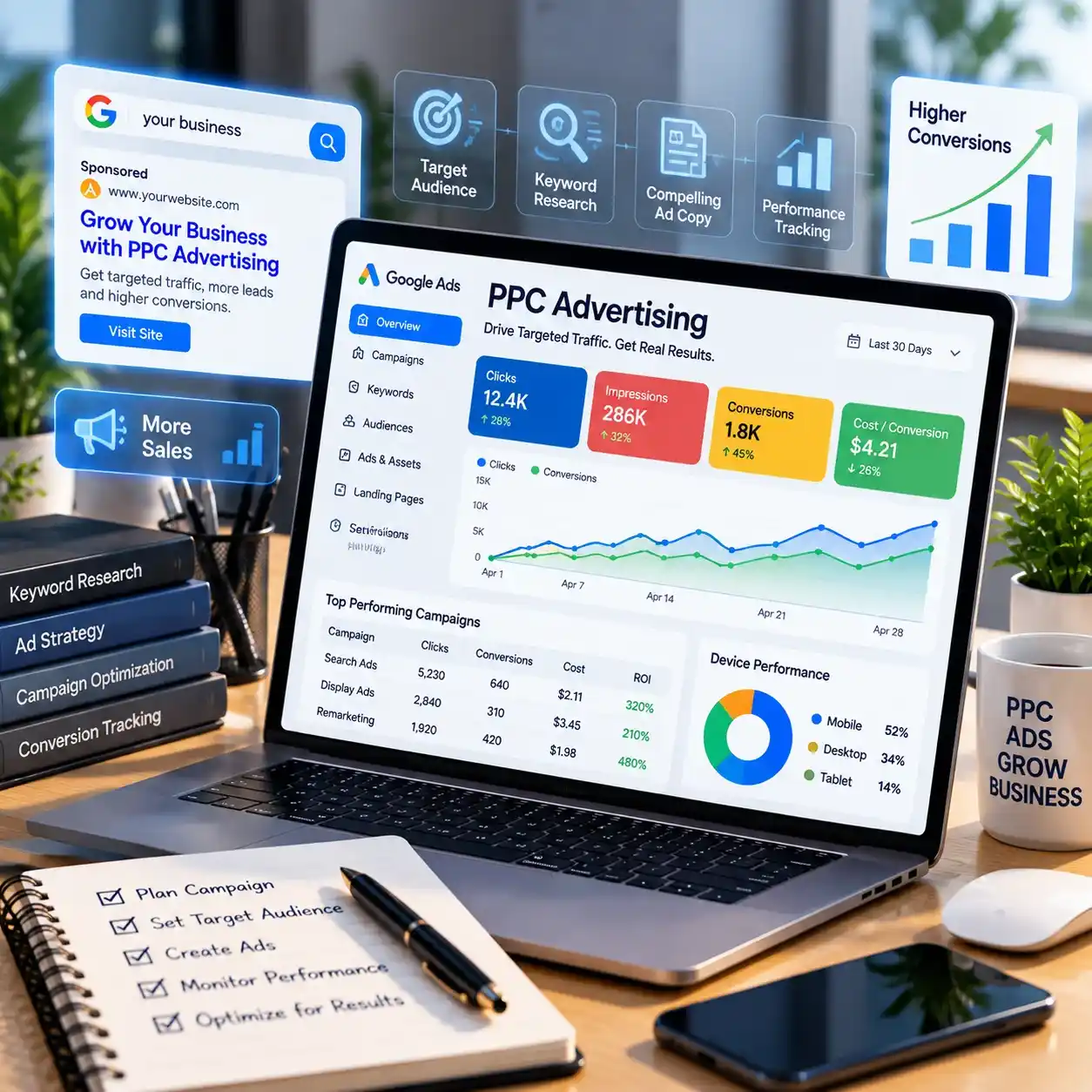 PPC advertising dashboard showing paid search campaigns, clicks, conversions, and performance analytics