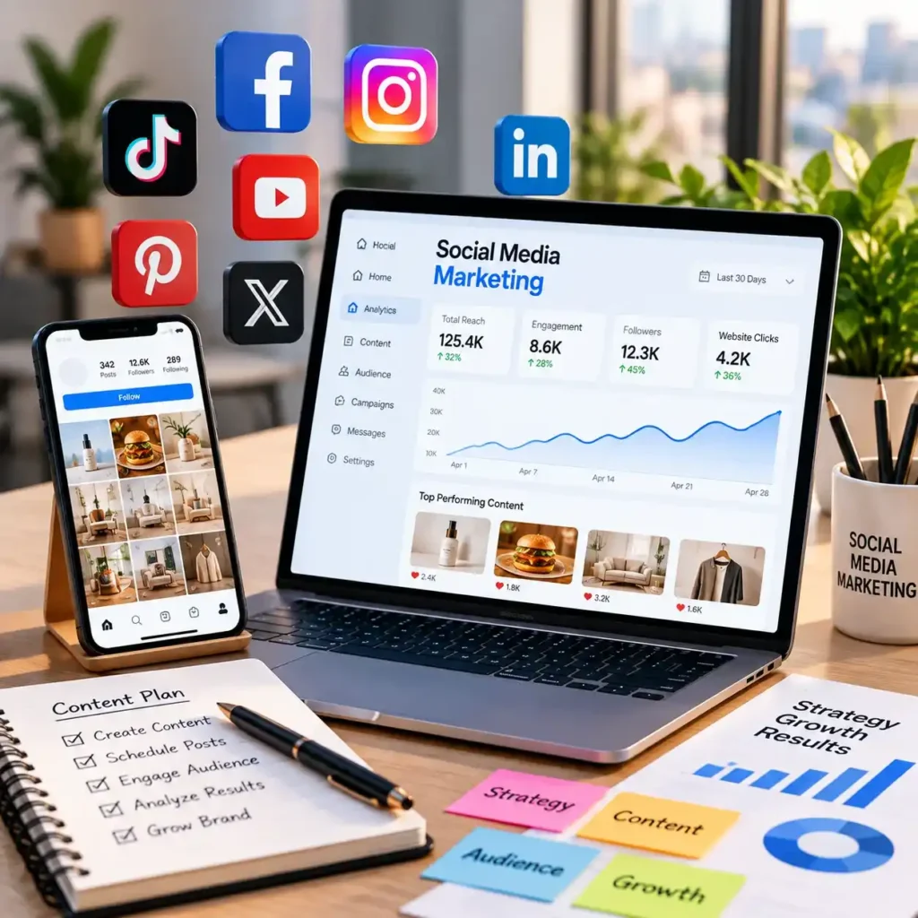 Social media marketing dashboard showing content strategy, audience growth, analytics and campaign performance