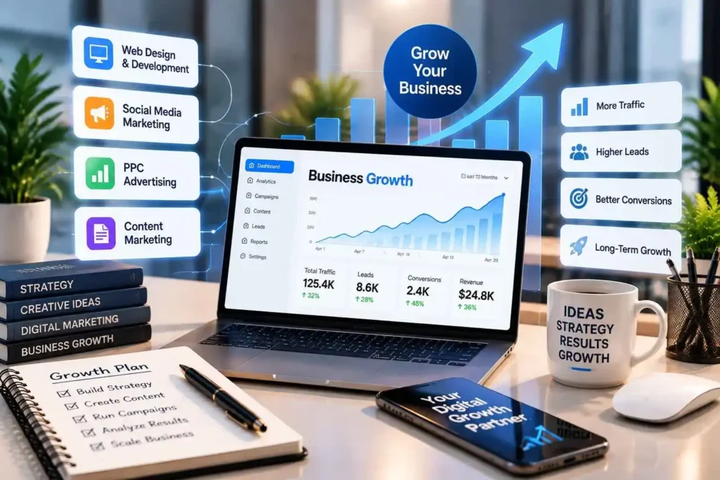 Digital growth partner dashboard showing business growth strategy, marketing performance, traffic, leads and conversions