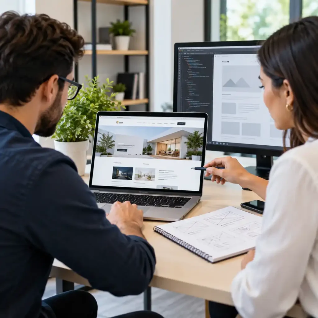 Web designers and developers creating a modern website layout on laptop and desktop screens