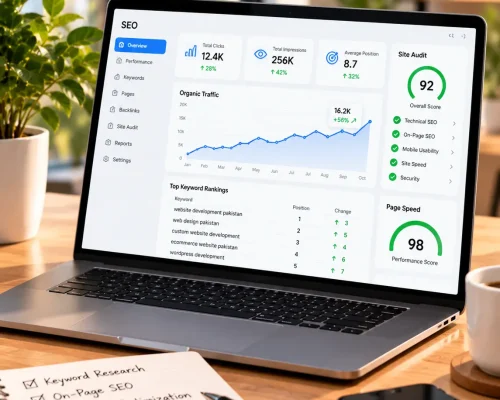SEO-friendly website development services showing optimized website structure, performance analytics, and search visibility
