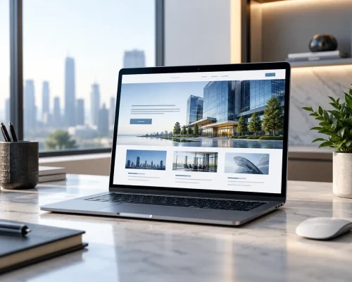 Business website development services showing a professional corporate website on a modern laptop