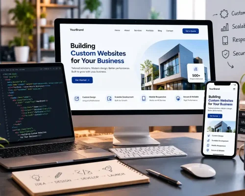 Custom website development services showing a tailored business website and professional coding workspace