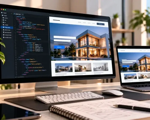 Custom website development services showing a tailored business website and coding workspace on modern devices