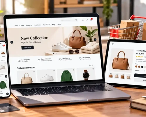 Ecommerce website development services showing a responsive online store on laptop, tablet and mobile devices