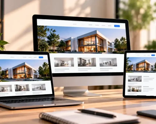 Responsive web design services showing the same modern website optimized for desktop, tablet, and mobile devices