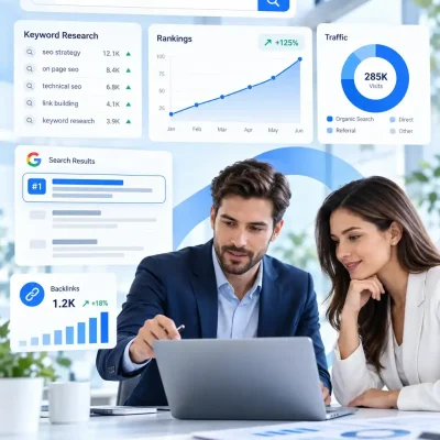 SEO specialists analyzing search rankings, keywords, traffic analytics and website growth strategy